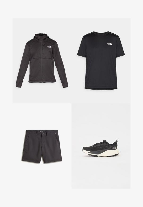 The North Face M QUEST HOODED SOFTSHELL - Soft shell jacket - black; Black short-sleeve T-shirt made from lightweight fabric. Features a small white logo on the left chest and subtle shoulder accents.; Gray shorts made of smooth cotton, featuring two front pockets, a button closure, and a flat front design. No visible patterns or accents.; Black athletic shoe with textured mesh upper, solid black accents, and white lightweight outsole. Features lace-up closure and pull tab.