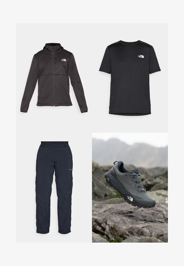 The North Face M QUEST HOODED SOFTSHELL - Softshelljacka - black; Svart kortärmad T-shirt i lättviktig tyg. Har en liten vit logotyp på vänster bröst och subtila axeltoner.; Columbia WANOGA™ PRO VENT PANT - Friluftsbyxor - black; Grå trail löparskor med en texturerad ovandel, hållbar gummisula och förstärkt tåparti. Har snören och logotyp på sidan.