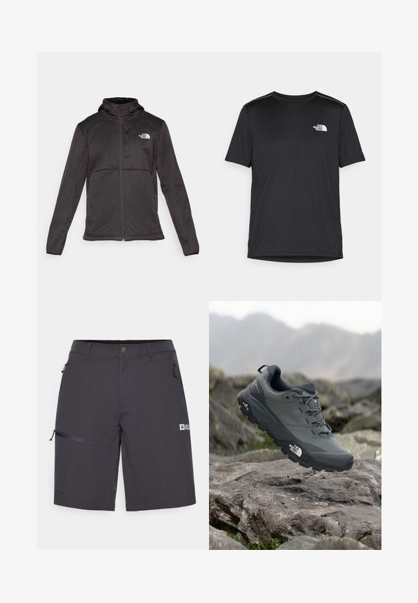 The North Face M QUEST HOODED SOFTSHELL - Veste softshell - black; T-shirt noir à manches courtes en tissu léger. Présente un petit logo blanc sur la poitrine gauche et des accents subtils aux épaules.; Shorts gris foncé en tissu léger, dotés de deux poches latérales, d'une poche zippée et d'un logo sur le devant. Conception de taille plate.; Chaussure de trail running grise avec un dessus texturé, semelle en caoutchouc durable et chaussure renforcée à l'avant. Comprend des lacets et un logo de la marque sur le côté.