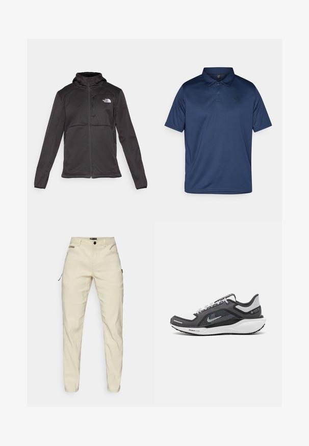 The North Face M QUEST HOODED SOFTSHELL - Softshellová bunda - black; Námořnická modrá polo košile vyrobená z hladkého, prodyšného materiálu. Obsahuje klasický límec, tři knoflíky a malé logo na levé části hrudi.; Oakley TRANSITION PANT - Kalhoty - silver sage/white; Černá a šedá sportovní obuv s vrškem z prodyšné síťoviny, reflexními akcenty a bílou mezipodešví. Obsahuje texturovanou gumovou podrážku a tkaničky.