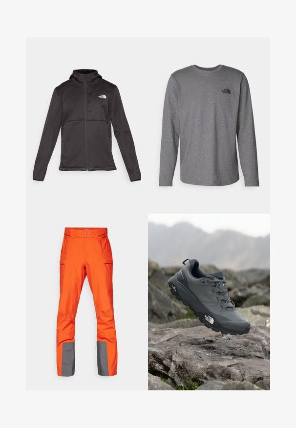 The North Face M QUEST HOODED SOFTSHELL - Softshellová bunda - black; The North Face M L/S SIMPLE DOME TEE - Top s dlouhým rukávem - medium grey heather; Světlé oranžové voděodolné kalhoty se šedými detaily na nohavicích, vybavené plochým pasem a několika bočními kapsami. Hladký povrch.; Šedá trailová běžecká bota s texturovaným svrškem, odolnou gumovou podrážkou a vyztuženou špičkou. Obsahuje tkaničky a logo značky na straně.