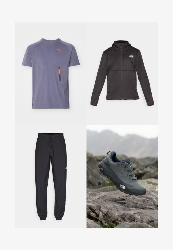 The North Face M QUEST HOODED SOFTSHELL - Softshell jakker - black; Lilla atletisk T-shirt lavet af åndbart stof, med en vandret lomme i orange og sort samt raglanærmer.; Sorte atletiske bukser lavet af letvægtsstof, med en snor i taljen, sidelommer og tapered manchetter ved anklerne.; Grå trail løbesko med en tekstureret overdel, slidstærk gummisål og forstærket tåkap. Har snørebånd og mærkelogo på siden.