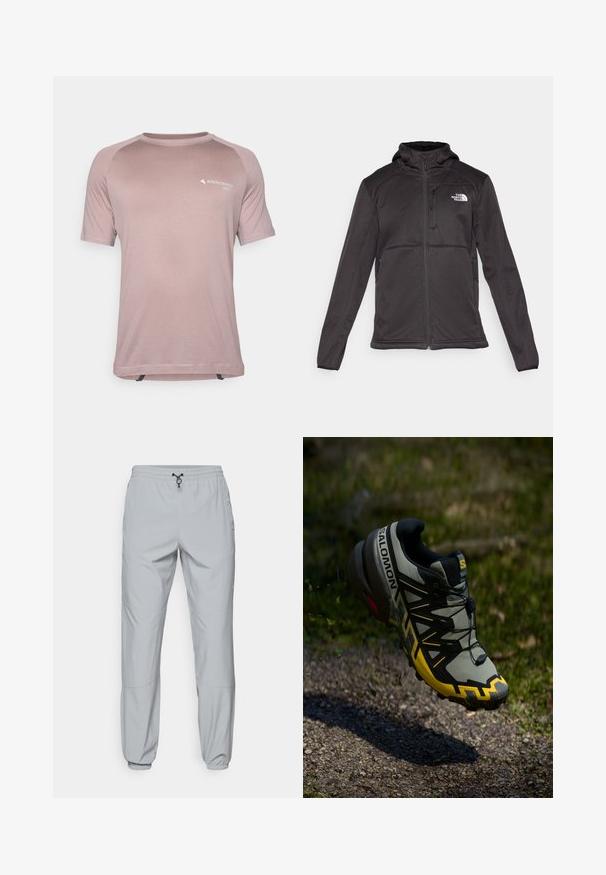 The North Face - Kurtka Softshell; Jasnoróżowa koszulka techniczna z krótkim rękawem, wykonana z oddychającego materiału, z okrągłym dekoltem, kontrastowymi panelami na ramionach oraz nadrukiem logo.; The North Face WIND ciemnoszary; Buty do biegania w terenie Salomon w stonowanej szarości z jaskrawymi żółtymi akcentami. Posiadają teksturowaną podeszwę, zabezpieczający system sznurowania oraz wyściełany kołnierz.