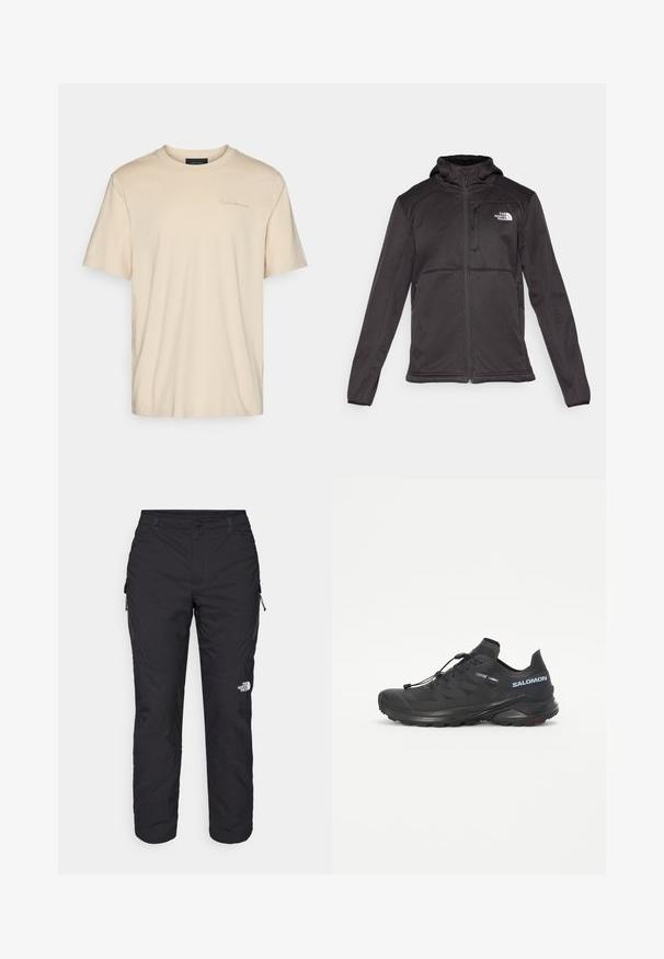 The North Face M QUEST HOODED SOFTSHELL - Giacca softshell - black; T-shirt beige in cotone a maniche corte con scollatura rotonda. Presenta un logo ricamato sul petto in modo sottile. Texture morbida e liscia.; The North Face WINTER EXPLORATION TAPERED CARGO - Pantaloni outdoor - black; Scarpa da trail running nera con tomaia strutturata, lacci elastici e suola Contagrip. Offre una vestibilità aderente e una protezione per le dita.