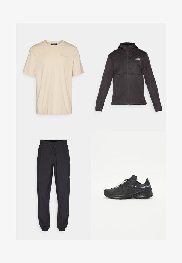The North Face M QUEST HOODED SOFTSHELL - Softshelljacke - black; Beige Baumwoll-T-Shirt mit kurzen Ärmeln und rundem Ausschnitt. Mit einem dezenten aufgestickten Logo auf der Brust. Weiche, glatte Textur.; Schwarze Sporthosen aus leichtem Stoff, mit einem Kordelzugbund, seitlichen Taschen und schmal zulaufenden Bündchen an den Knöcheln.; Schwarzer Trailschuh zum Laufen mit einer strukturierten Oberseite, elastischen Schnürsenkeln und Contagrip-Außensohle. Bietet eine eng anliegende Passform und eine schützende Zehenkappe.