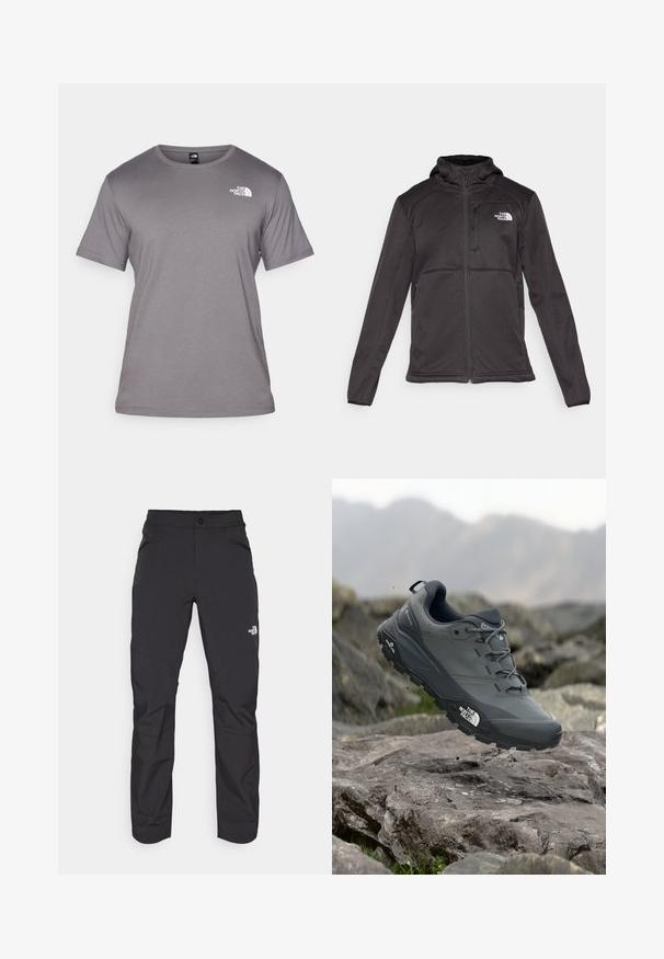 The North Face M QUEST HOODED SOFTSHELL - Softshellová bunda - black; Šedé tričko s krátkým rukávem vyrobené z měkké tkaniny. Má kulatý výstřih a malé bílé logo v levém horním rohu.; Černé venkovní kalhoty s kapsou na zip na přední straně, syntetický materiál, zúžené nohavice a zesílené panely na kolenou. Vybaveny knoflíkovým zapínáním.; Šedá trailová běžecká bota s texturovaným svrškem, odolnou gumovou podrážkou a vyztuženou špičkou. Obsahuje tkaničky a logo značky na straně.