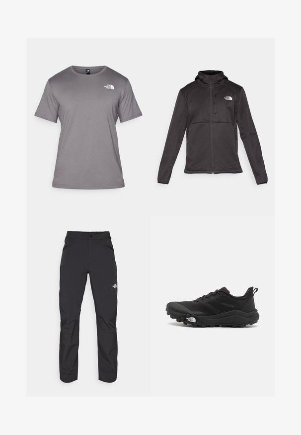 The North Face M QUEST HOODED SOFTSHELL - Chaqueta softshell - black; Camiseta gris de manga corta hecha de una tela suave. Presenta un escote redondo y un pequeño logo blanco en la parte superior izquierda.; Pantalones exteriores negros con un bolsillo frontal con cremallera, material sintético, piernas ajustadas y paneles de rodilla reforzados. Cuenta con un cierre de botón.; Zapatilla de trail running negra con upper texturizado, suela de goma y puntera reforzada. Presenta un collar acolchado y una lengüeta para poner y quitar fácilmente.