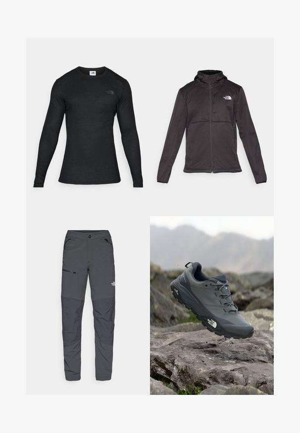 The North Face M QUEST HOODED SOFTSHELL - Giacca softshell - black; Maglietta nera a maniche lunghe realizzata in un materiale leggero e morbido, con un collo rotondo e un piccolo logo nero sul lato sinistro anteriore.; Pantaloni outdoor grigi con una texture liscia, dotati di una tasca con zip sul lato, sezioni di ginocchia rinforzate e un dettaglio logo sottile.; Scarpa da trail running grigia con tomaia testurizzata, suola in gomma resistente e punta rinforzata. Presenta lacci e logo del marchio sul lato.
