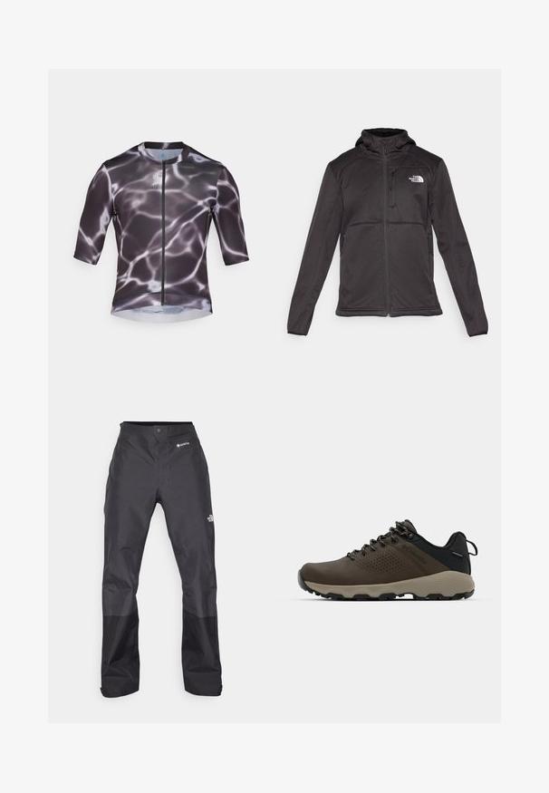 The North Face M QUEST HOODED SOFTSHELL - Giacca softshell - black; Maglia da ciclismo a maniche corte in nero e grigio con motivo ad acqua, dotata di una cerniera frontale e tessuto liscio e elasticizzato.; Pantaloni impermeabili neri con una texture liscia, dotati di un logo GORE-TEX sulla parte anteriore e rinforzi sulle gambe inferiori per una maggiore durata.; Sneakers impermeabili marroni con tomaia testurizzata, dettagli perforati, supporto al tallone nero e suola in gomma grigia. I lacci sono decorati con estremità metalliche.