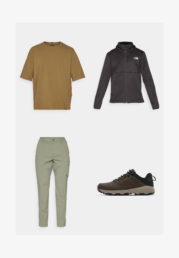 The North Face M QUEST HOODED SOFTSHELL - Giacca softshell - black; T-shirt a maniche corte di colore marrone, realizzato in tessuto morbido, con scollo rotondo e spacchi laterali per un comfort aggiuntivo. Design semplice e non decorato.; Pantaloni cargo verde oliva chiaro con design a gamba dritta, chiusura con bottone frontale e tasche laterali per funzionalità. Tessuto liscio e resistente.; Sneakers impermeabili marroni con tomaia testurizzata, dettagli perforati, supporto al tallone nero e suola in gomma grigia. I lacci sono decorati con estremità metalliche.
