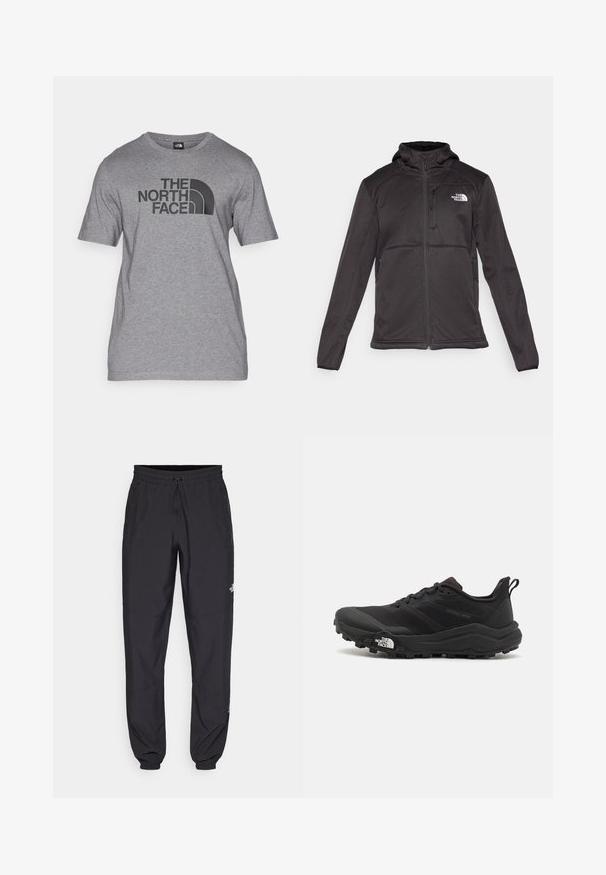 The North Face - Kurtka Softshell; Szara krótka koszulka z krótkim rękawem, wykonana z mieszanki bawełny, z czarnym nadrukiem graficznym "THE NORTH FACE" oraz szczegółowym logo w kształcie łuku na przodzie.; Czarne spodenki sportowe wykonane z lekkiego materiału, z elastycznym pasem na sznurek, bocznymi kieszeniami i zwężanymi mankietami przy kostkach.; Czarne buty do biegania w terenie z teksturowaną cholewką, gumową podeszwą i wzmocnionym noskiem. Posiadają wyściełany kołnierz oraz uchwyt do łatwego zakładania.