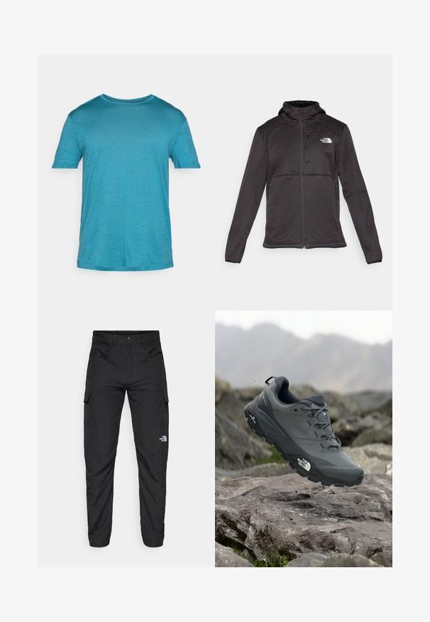 The North Face M QUEST HOODED SOFTSHELL - Chaqueta softshell - black; Camiseta de manga corta color turquesa, hecha de un tejido ligero. Cuello redondo, textura suave y un sutil patrón jaspeado en todo su diseño.; The North Face HORIZON PANT - Pantalones montañeros largos - black; Zapatilla de trail running gris con parte superior texturizada, suela de goma duradera y puntera reforzada. Cuenta con cordones y logo de la marca en el lateral.