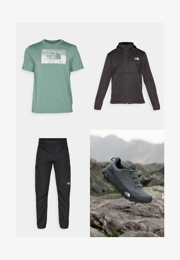 The North Face M QUEST HOODED SOFTSHELL - Giacca softshell - black; T-shirt verde a maniche corte realizzato in tessuto morbido con un design grafico bianco caratterizzato da linee di contorno e testo "THE NORTH FACE".; The North Face HORIZON PANT - Pantaloni outdoor - black; Scarpa da trail running grigia con tomaia testurizzata, suola in gomma resistente e punta rinforzata. Presenta lacci e logo del marchio sul lato.