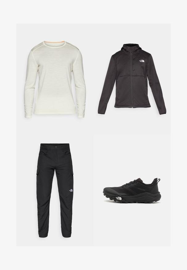 The North Face - Kurtka Softshell; Koszula z długim rękawem w kolorze kremowym, z okrągłym dekoltem ozdobionym pomarańczowym przeszyciem oraz gładką fakturą. Prosty fason bez dodatkowych wzorów.; The North Face HORIZON czarny; Czarne buty do biegania w terenie z teksturowaną cholewką, gumową podeszwą i wzmocnionym noskiem. Posiadają wyściełany kołnierz oraz uchwyt do łatwego zakładania.