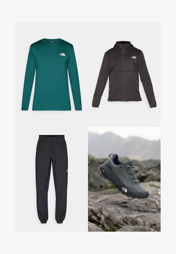 The North Face M QUEST HOODED SOFTSHELL - Softshelljacke - black; Langärmeliges türkisfarbenes Shirt aus weichem Stoff. Verfügt über einen runden Ausschnitt und ein kleines weißes Logo auf der linken Brustseite. Glatte Textur.; Schwarze Sporthosen aus leichtem Stoff, mit einem Kordelzugbund, seitlichen Taschen und schmal zulaufenden Bündchen an den Knöcheln.; Grau Trailrunning-Schuh mit einer strukturierten Oberseite, haltbarer Gummisohle und verstärkter Zehenkappe. Verfügt über Schnürsenkel und ein Markenlogo an der Seite.
