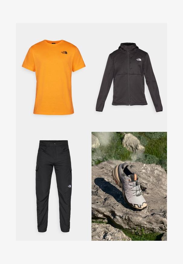 The North Face M QUEST HOODED SOFTSHELL - Softshelljacka - black; Orange bomull t-shirt med rund halsringning och korta ärmar. På vänster bröst finns en svart logotypdesign. Slät textur, standard passform.; The North Face HORIZON PANT - Friluftsbyxor - black; Ljust grå trail running sko med beige inslag, strukturerad överdel, svarta snören och uttalad sulprofil. Har varumärkets logotyp.