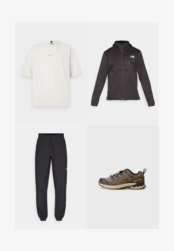 The North Face M QUEST HOODED SOFTSHELL - Softshelljas - black; Oakley STACKED TEE - T-shirt print - mist; Zwarte sportieve broek gemaakt van lichtgewicht stof, met een trekkoord in de taille, zijzakken en taps toelopende boorden bij de enkels.; Bruine en zwarte sport schoen met een mesh bovenkant, rubberen neuskap en gestructureerde buitenzool. Bevat een snelvetersysteem en een gevoerde kraag.
