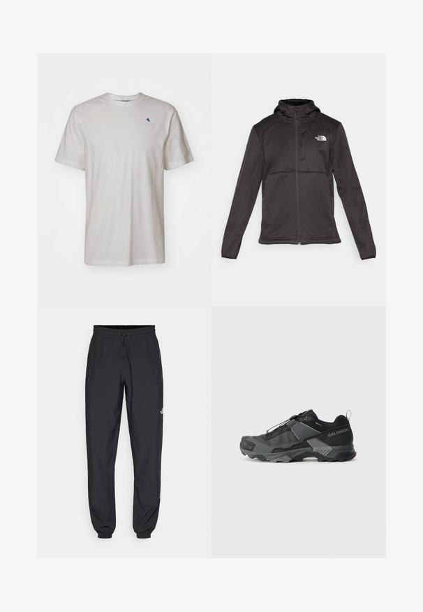 The North Face M QUEST HOODED SOFTSHELL - Softshelljacke - black; Klättermusen ROOT LOGO TEE - T-Shirt basic - snow; Schwarze Sporthosen aus leichtem Stoff, mit einem Kordelzugbund, seitlichen Taschen und schmal zulaufenden Bündchen an den Knöcheln.; Schwarzer Trailrunning-Schuh mit einem robusten Mesh-Obermaterial, verstärkter Zehenkappe, strukturierten Gummisohle und elastischem Schnürsystem für einen sicheren Sitz.