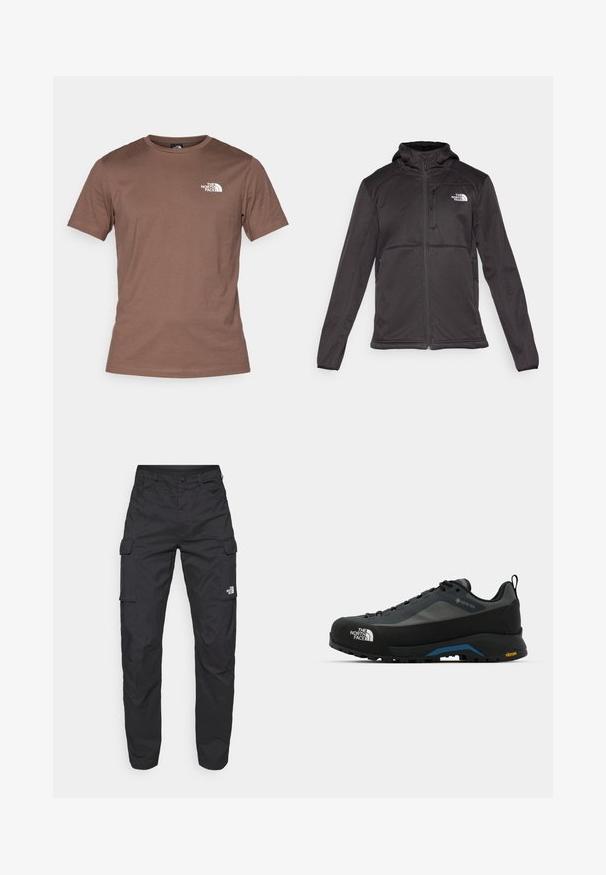 The North Face M QUEST HOODED SOFTSHELL - Softshelljas - black; The North Face M SS SIMPLE DOME TEE - Sport T-shirt - smokey brown; The North Face EXPLORATION PANTS - Cargobroek - black; The North Face VERTO ALPINE GORE TEX - Outdoorschoenen - asphalt grey/tnf black