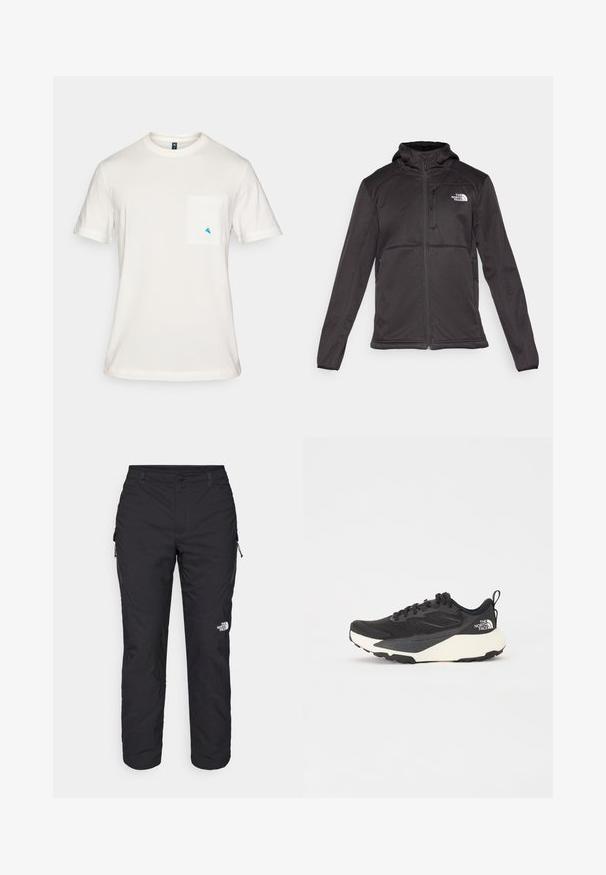 The North Face M QUEST HOODED SOFTSHELL - Soft shell jacket - black; White cotton T-shirt with short sleeves, round neck, and a pocket on the left chest featuring a small blue triangular logo.; The North Face WINTER EXPLORATION TAPERED CARGO - Outdoor trousers - black; Black athletic shoe with textured mesh upper, solid black accents, and white lightweight outsole. Features lace-up closure and pull tab.