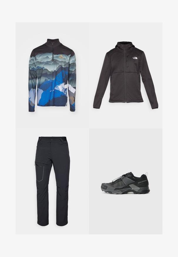 The North Face M QUEST HOODED SOFTSHELL - Soft shell jacket - black; Bogner Fire + Ice PASCAL - Long sleeved top - multicolor; Black outdoor pants featuring a zippered thigh pocket, elastic waistband, and smooth, water-resistant fabric. Clean design with no visible logos.; Black trail running shoe with a durable mesh upper, reinforced toe cap, textured rubber sole, and elastic lacing system for secure fit.