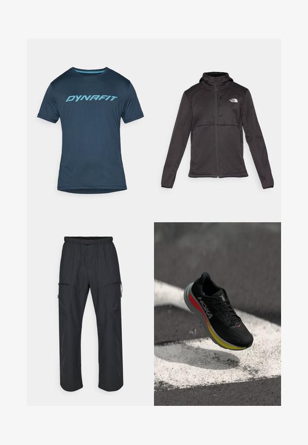 The North Face M QUEST HOODED SOFTSHELL - Chaqueta softshell - black; Camiseta atlética de manga corta azul marino con un logo turquesa de "DYNAFIT" en el pecho, hecha de un tejido ligero y transpirable.; Pantalones cargo negros con cintura elástica, dos bolsillos con cremallera y una textura de tela ligera y suave.; Zapatilla de running negra con parte superior de malla, acentos en rojo y amarillo en contraste, y una media suela acolchada, con un diseño aerodinámico elegante.