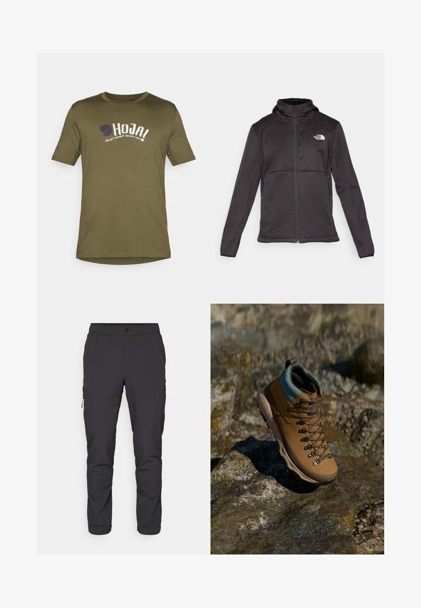 The North Face M QUEST HOODED SOFTSHELL - Softshelljas - black; Olijfgroene katoenen t-shirt, ronde hals, korte mouwen, met witte en marineblauwe bedrukking en een logo op de voorkant. Lichtgewicht stof.; Zwarte, taps toelopende broek met een elastische tailleband, een ritszak aan de zijkant en een heerlijke, lichte stof. Ideaal voor actieve kleding.; Bruine wandelschoen met een synthetisch bovenmateriaal, lichtblauwe kraag, metalen oogjes en een gestructureerde rubberen zool. Ontworpen voor buitenactiviteiten.