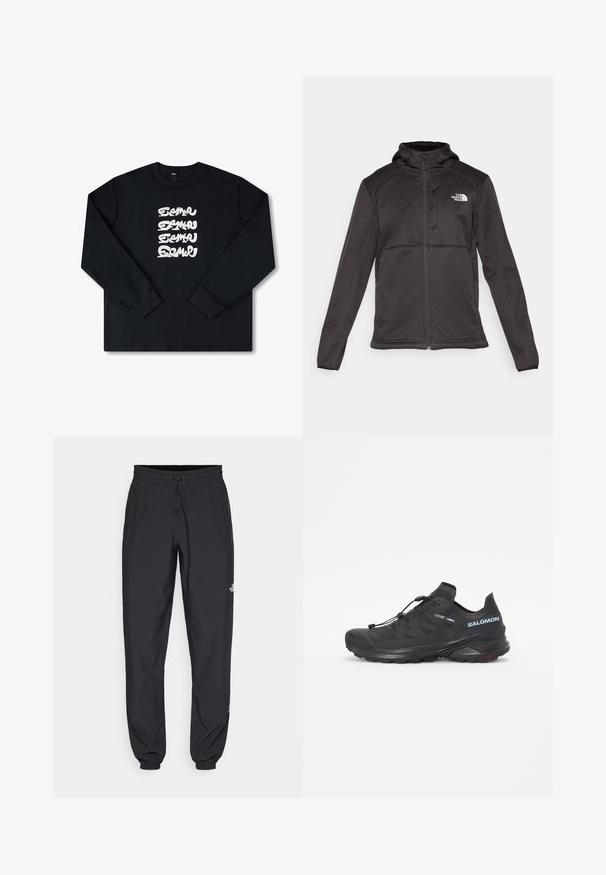 The North Face - Kurtka Softshell; Czarna bluza z długim rękawem z białym powtarzającym się logo graficznym w stylizowanym kroju na przodzie. Wykonana z miękkiego materiału.; Czarne spodenki sportowe wykonane z lekkiego materiału, z elastycznym pasem na sznurek, bocznymi kieszeniami i zwężanymi mankietami przy kostkach.; Czarne buty do biegania w terenie z teksturowaną cholewką, elastycznymi sznurówkami i podeszwą Contagrip. Charakteryzują się dopasowanym krojem oraz ochronną osłoną palców.