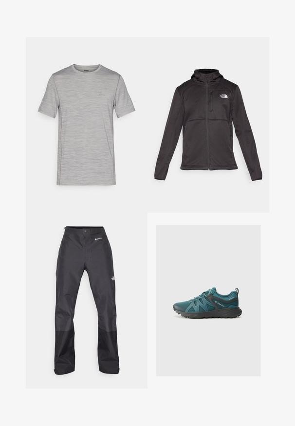 The North Face M QUEST HOODED SOFTSHELL - Softshell jakker - black; Grå meleret kortærmet t-shirt med rund halsudskæring, struktureret stof og en lille logo accent på brystet. Letvægtsdesign.; Sorte vandtætte bukser med en glat tekstur, der har et GORE-TEX-logo på fronten og forstærkede nederste ben for holdbarhed.; Columbia PEAKFREAK ROAM - Hikingsko - everblue/dark grey