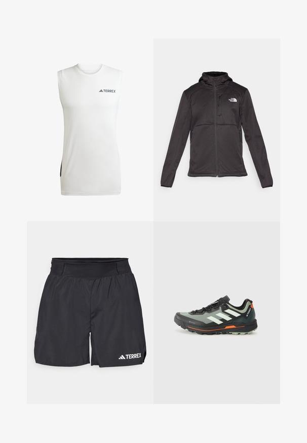 The North Face M QUEST HOODED SOFTSHELL - Softshellová bunda - black; Bezrukávové bílé sportovní tričko vyrobené z tkaniny odvádějící vlhkost, se kulatým výstřihem a černými bočními akcenty s logem Terrex.; Černé sportovní šortky s elastickým pasem, vyrobené z lehkého materiálu. Na dolní levé straně se nachází bílé logo "TERREX".; Lehká trailová běžecká bota se šedou a černou síťovinou, oranžovými akcenty a robustní podešví pro trakci. Voděodolná podšívka Gore-Tex.