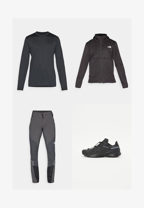 The North Face M QUEST HOODED SOFTSHELL - Softshellová bunda - black; Pánská košile s dlouhým rukávem v tmavě šedé barvě, s kulatým výstřihem a jemným logem. Hladká textura se přiléhavým střihem.; Šedé turistické kalhoty s užším střihem, mnoha kapsami a kontrastními tmavě šedými a černými akcenty. Vyrobené z flexibilního a odolného materiálu.; Černé trailové běžecké boty s texturovaným svrškem, elastickými šňůrkami a podrážkou Contagrip. Mají pevné padnutí a ochrannou špičku.