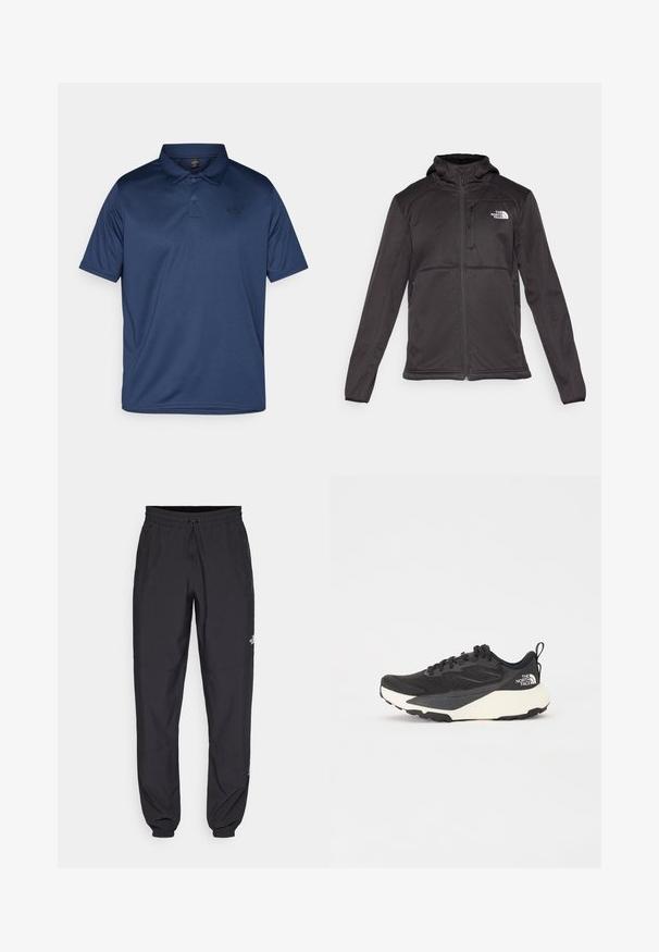 The North Face M QUEST HOODED SOFTSHELL - Softshelljas - black; Navyblauwe polo gemaakt van glad, ademend materiaal. Beschikt over een klassieke kraag, drie knopen en een klein logo op de linkerkant van de borst.; Zwarte sportieve broek gemaakt van lichtgewicht stof, met een trekkoord in de taille, zijzakken en taps toelopende boorden bij de enkels.; Zwarte sportieve schoen met een gestructureerde mesh bovenkant, solide zwarte accenten en een lichte witte buitenzool. Voorzien van vetersluiting en een treklus.