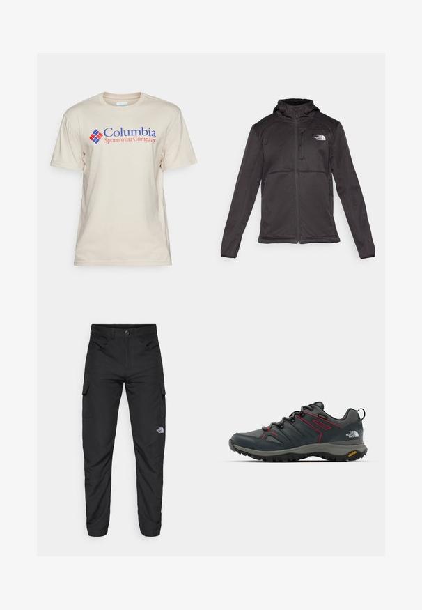 The North Face M QUEST HOODED SOFTSHELL - Chaqueta softshell - black; Columbia BASIC LOGO™ SHORT SLEEVE - Camiseta estampada - dark stone; The North Face HORIZON PANT - Pantalones montañeros largos - black; Botas de senderismo grises con acentos rojos, parte superior de malla y sintético, sistema de cordones y suela Vibram para tracción. Incluye Gore-Tex para resistencia al agua.