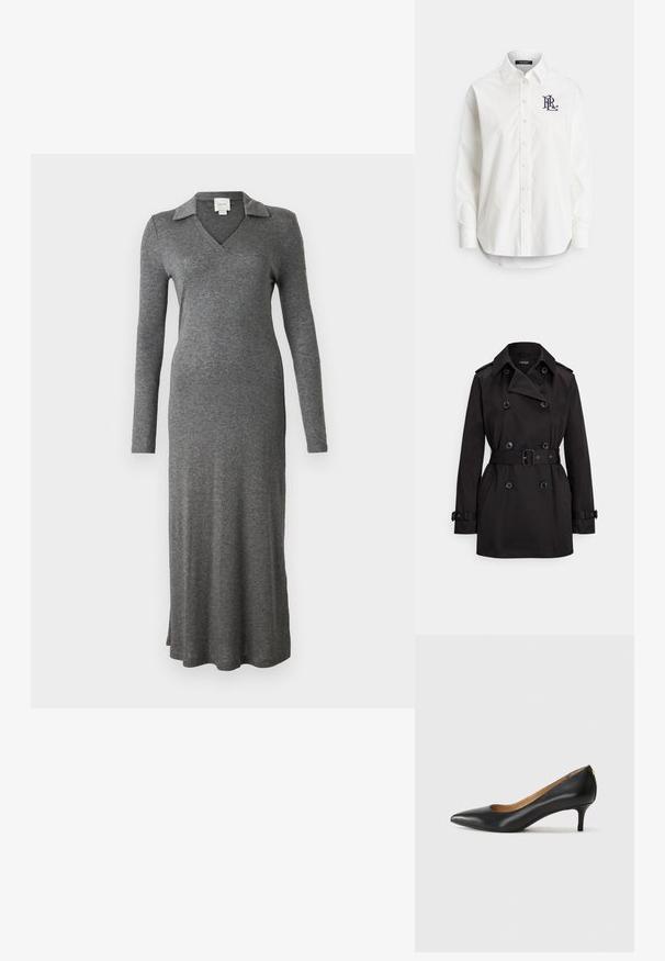 Trenci negru din material neted, cu design cu două rânduri de nasturi, talie cu curea, nasturi mari și buzunare laterale.; Rochie gri cu mânecă lungă, realizată dintr-un material moale, având un guler la gât și un design fluid cu o fante laterală în partea de jos.; Cămașă albă cu nasturi din bumbac, cu mâneci lungi, guler ascuțit și un logo bleumarin brodat pe pieptul stâng. Tiv rotunjit în partea de jos.; Pantofii din piele neagră au vârful ascuțit, toc mic și o textură netedă. Au o deschidere ușoară în față și un hardware minim în spate.; Geantă din piele cu embossare croc neagră, cu o formă curbată, accente din metal aurit, curea ajustabilă și un detaliu cu logo în față.