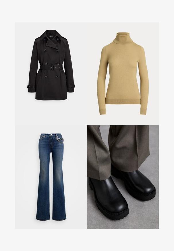 Trench-coat noir en tissu lisse, doté d'une coupe croisée, d'une ceinture à la taille, de grands boutons et de poches latérales.; Pull à col roulé en beige clair, en tricot lisse et doux. Présente des manches longues et une silhouette ajustée avec un ourlet côtelé.; Jean flare taille haute bleu foncé avec des cuisses décolorées et un accessoire en chaîne argentée attaché à la boucle de ceinture avant droite.; Bottes de cheville en cuir noir avec une semelle en caoutchouc épaisse, texture lisse, bout rond et peu de détails. Associées à un pantalon gris clair.