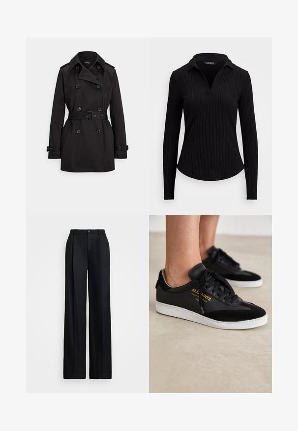 Czarny trencz wykonany z gładkiej tkaniny, z podwójnym rzędem guzików, paskiem w talii, dużymi guzikami i bocznymi kieszeniami.; Czarna, prążkowana koszulka polo z długim rękawem i dekoltem w kształcie V. Posiada dopasowany krój i teksturowany materiał. Gładkie wykończenie bez ozdobników.; Czarne spodnie wide-leg z gładkim wykończeniem, płaskim przodem, szlufkami na pasek i pojedynczym zapięciem na guzik w talii.; Czarne skórzane i zamszowe sneakersy z białymi gumowymi podeszwami. Posiadają tonowane sznurówki oraz złote logo na boku. Płaska konstrukcja.