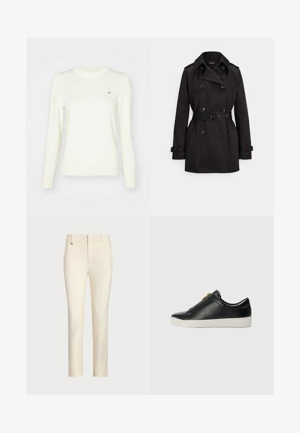 Black trench coat made of smooth fabric, featuring a double-breasted design, belted waist, large buttons, and side pockets.; Light cream sweater, knitted texture, crew neck, long sleeves, ribbed cuffs and hem. Subtle logo detail on the chest.; Cream-colored tailored trousers with a straight-leg cut, featuring a smooth texture, front pockets, and a subtle metallic accent on the waistband.; Black leather slip-on shoes with a raised seam, silver hardware detail on the upper, and a white rubber sole featuring embossed branding.