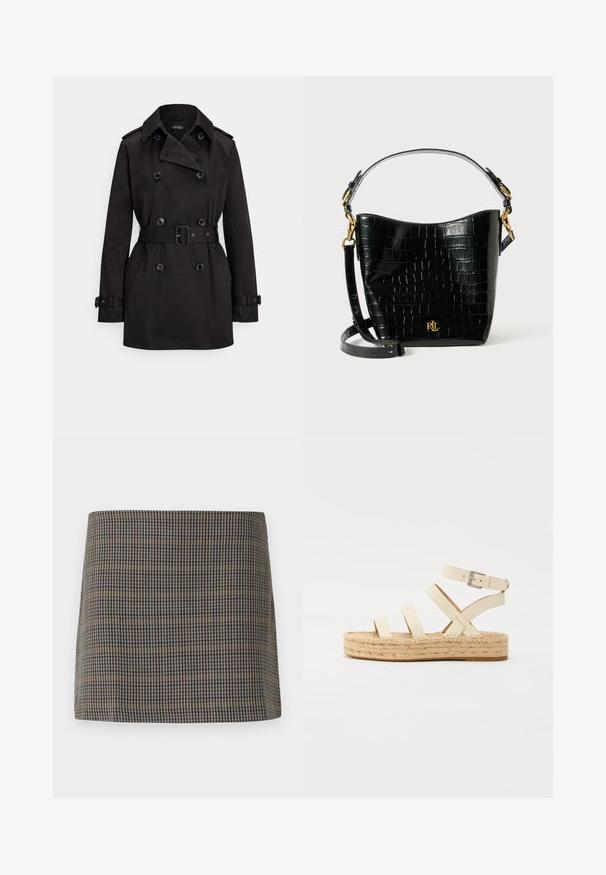 Trench nero in tessuto liscio, con design doppiopetto, vita con cintura, grandi bottoni e tasche laterali.; T-shirt bianco in cotone con maniche corte, collo rotondo, design aderente e texture liscia. Etichetta del logo sul collo.; Gonna mini a scacchi con tonalità marroni, beige e blu navy, caratterizzata da una texture liscia e un taglio dritto, progettata senza chiusure visibili.; Sandalo espadrille in pelle beige chiaro con quattro cinghie incrociate e fibbia alla caviglia, dotato di una suola piatta in gomma e di una zeppa in juta intrecciata.; Borsa in pelle nera con effetto coccodrillo, dalla forma curvata, con dettagli in metallo dorato, una tracolla regolabile e un logo sul davanti.