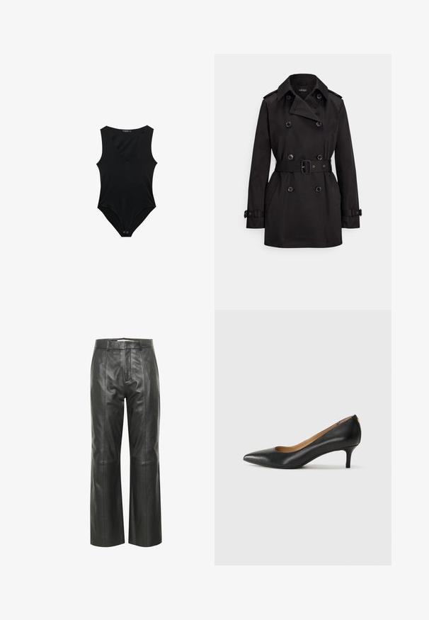 Černý trenčkot z hladké látky, s dvojitým zapínáním na knoflíky, páskem v pase, velkými knoflíky a bočními kapsami.; Černý body s hlubokým výstřihem do V, bez rukávů, vyrobený z měkké látky a se zapínáním na patentky vespod. Hladký povrch, přiléhavý střih.; Černé kožené kalhoty s širokým střihem a hladkou texturou, s páskem, předními záhyby a jemnými švy.; Černé kožené lodičky s špičatou špičkou, nízkým podpatkem a hladkým povrchem. Mají mírné otevření vpředu a minimální kovové prvky na zadní straně.