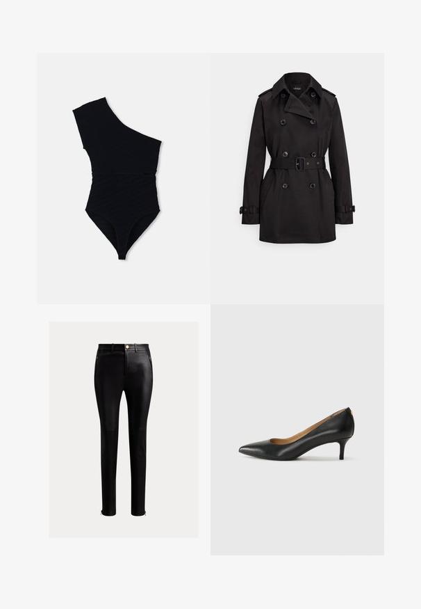 Trench nero in tessuto liscio, con design doppiopetto, vita con cintura, grandi bottoni e tasche laterali.; Costume da bagno intero nero con design a spalla unica, tessuto a coste testurizzato, gambe alte e silhouette aderente.; Pantaloni neri aderenti realizzati in pelle lucida. Presentano tasche laterali con zip e accenti dorati a contrasto alle caviglie.; Décolleté in pelle nera con punta affilata, tacco basso e texture liscia. Presenta un leggero apertura sulla parte anteriore e hardware minimale sul retro.