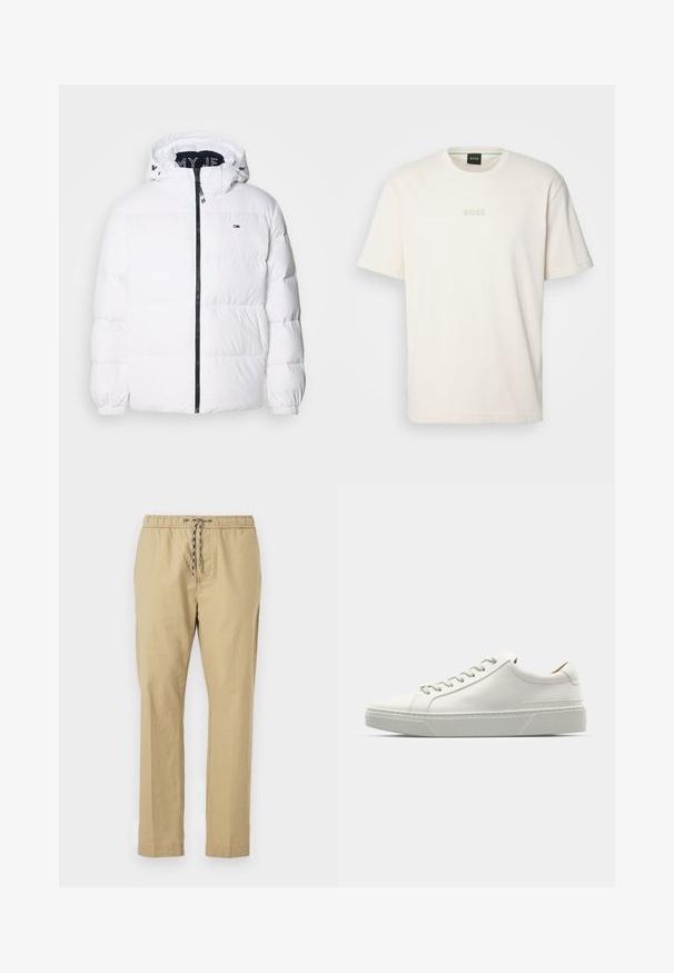 Tommy Jeans ESSENTIAL - Doudoune - white; BOSS TEE - T-shirt basique - open white; Pantalons beiges avec une taille élastique, un cordon de serrage ajustable, des jambes droites et une texture de tissu léger.; Baskets en cuir blanc avec un bout arrondi, design minimaliste, lacets gris et semelle en caoutchouc gris texturé. Détails de couture subtils visibles.
