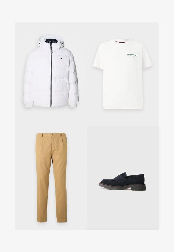 Tommy Jeans ESSENTIAL - Sulejope - white; Valge puuvillane t-särk lühikeste varrukatega ja ümar kaelus, millel on roheline trükk vasakul rinnal, kus on kirjas "The Milliger Herald" ja "MCHLXXXV."; Beezid puuvillased püksid sirge lõikega, millel on tõmblukk ja nööbiga sulgemine, ning ees ja taga taskud.; Tumed sinine nahast loafers ümmarguse varbaga, dekoratiivse õmblusega ja kummist tallaga, millel on kerge tõus. Vastupidav materjal ja disain.