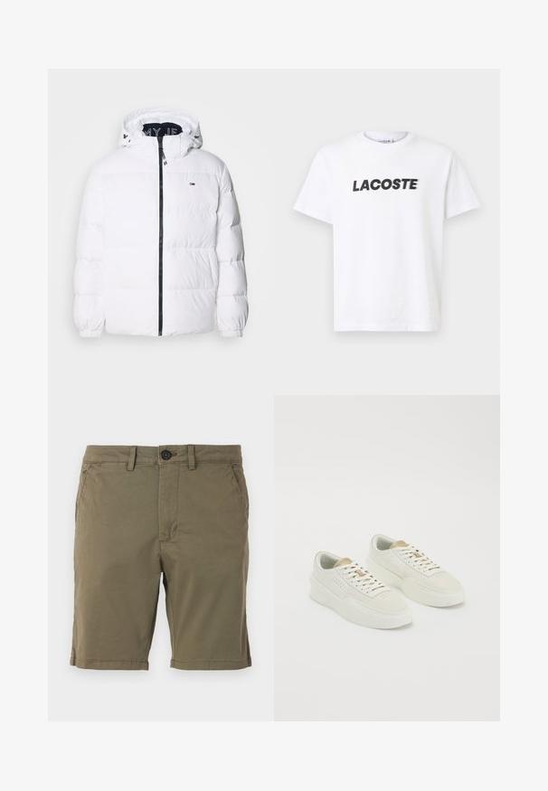 Tommy Jeans ESSENTIAL - Sulejope - white; Valge puuvillane T-särk, millel on rinnas silmapaistev must "LACOSTE" logo. Lühikesed varrukad ja ümar kaelaosa disain.; Oliivroheline lühike püksid, mis on valmistatud puuvillaseguse kangaga, varustatud nööpkinnisega, esi-taskutega ja äärisega põhjas, kus on peened õmblusdetailid.; Kaks erinevat värvi kergeid madalaid esiletoodud sneekereid, beige aktsentide ja paksude tallatega, valged nöörid neutraalsel valgel taustal.