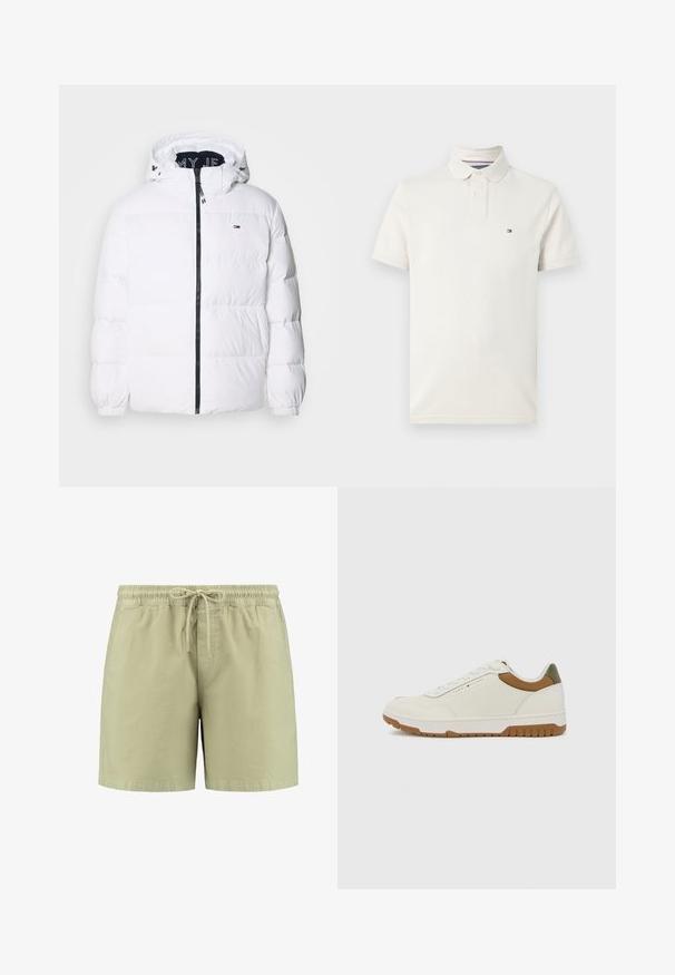 Tommy Jeans ESSENTIAL - Tollkabát - white; Rövid ujjú pólóing krém színű pamutból, klasszikus gallérral, három gombbal és egy kis logóval a bal mellen.; Világos zöld, puha anyagból készült rövidnadrág, gumis derékkal és zsinórral, oldal zsebekkel és laza szabással.; Tommy Hilfiger BASKET CORE - Sportcipő - ecru/army green