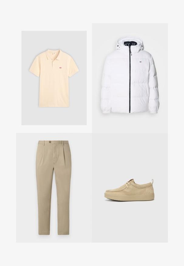 Tommy Jeans ESSENTIAL - Bunda z prachového peří - white; Polo tričko v světle krémové barvě, vyrobené z měkké bavlny, má klasický límeček, krátké rukávy a malé červené logo Levi's na levé části hrudi.; Tommy Hilfiger HARLEM - Chino kalhoty - camel; Béžové semišové nazouvací boty s kulatou špičkou, minimálním šitím a gumovou podrážkou. Měkká textura s jemným logem na patě.