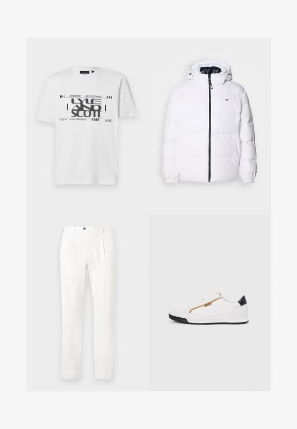 Tommy Jeans ESSENTIAL - Dūnu jaka - white; Balta kokvilnas T-kreklā ar melnu grafiku, kas attēlo futbola formācijas un taktiskos terminus. Apaļš kakls un īsām piedurknēm.; Baltas bikses ar taisnu priekšpusi, divām krokām un pogu aizdari. Izgatavotas no viegla auduma, ar taisnām kājām un apvītām malām.; Baltijas krāsā baltas sporta kurpes ar acu un ādas akcentiem. Iezīmējas ar zelta "BOSS" logo, teksturētām sānu paneļiem un melnu papēža kapu. Gumijas zole.