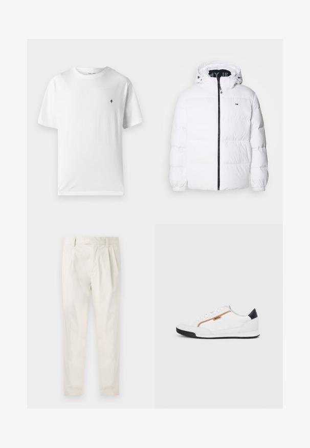 Tommy Jeans ESSENTIAL - Dūnu jaka - white; Balta kokvilnas T-krekls ar apaļu kaklu, īsām piedurknēm un mazu melnu logotipu uz krūšu daļas. Mīksta tekstūra, ikdienišķa piegriezuma.; Baltas, pleitēts bikses ar piegriezumu, kas pielāgots figūrai, ar gludu tekstūru, jostas cilpām un sašaurinātiem galiem. Nav redzamu kabatu vai rakstu.; Baltijas krāsā baltas sporta kurpes ar acu un ādas akcentiem. Iezīmējas ar zelta "BOSS" logo, teksturētām sānu paneļiem un melnu papēža kapu. Gumijas zole.