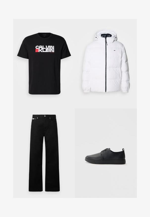 Tommy Jeans ESSENTIAL - Dunjacka - white; Svart bomull t-shirt med en djärv vit och röd "CALVIN KLEIN" logo över bröstet. Kort ärm och rund halsdesign.; Svarta denimbyxor med en vid bendesign, som har fem fickor och metallknappar. Slät textur, inga synliga mönster.; Svart lädersneaker med en slät yta, rund tå, tonad sömnad, snörning framtill och en platt gummisula. Ögla vid hälen.