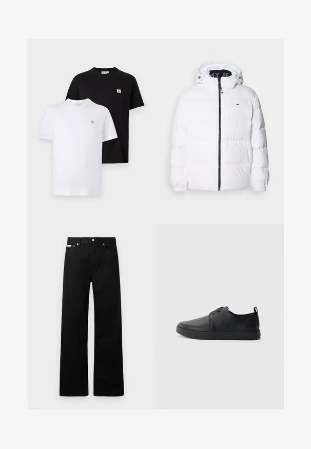 Tommy Jeans ESSENTIAL - Piumino - white; Due magliette a maniche corte in cotone nero e bianco, con un piccolo logo sul petto e un design classico a girocollo.; Pantaloni in denim nero con design a gamba larga, dotati di cinque tasche e hardware in metallo per i bottoni. Texture liscia, senza motivi visibili.; Sneaker in pelle nera con finitura liscia, punta arrotondata, cuciture tono su tono, chiusura con lacci frontale e suola piatta in gomma. Anello sul tallone.