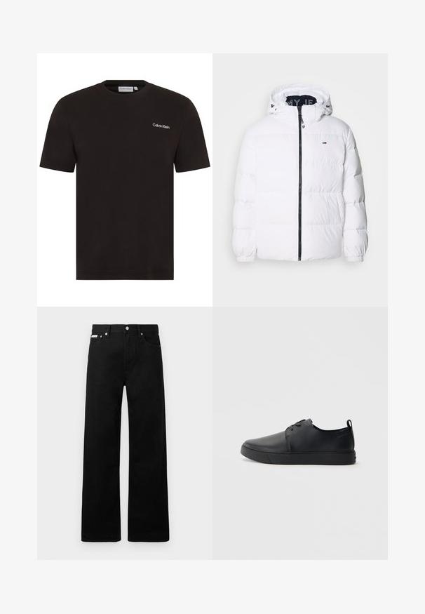 Tommy Jeans ESSENTIAL - Pūkinė striukė - white; Juodas trumpas rankovėmis marškinėliai iš medvilnės. Turi apvalų kaklą ir mažą baltą "Calvin Klein" logotipą ant kairės krūtinės.; Juodos džinsinės kelnės su plačiu kojų dizainu, turinčios penkias kišenes ir metalinius sagčių akcentus. Lygus paviršius, be matomų raštų.; Juodos odinės sportinės bateliai su lygiu paviršium, suapvalinta nosimi, toniniais siūlais, raištelių užsegimu priekyje ir plokščiu guminiu padu. Kilpelė ant kulno.